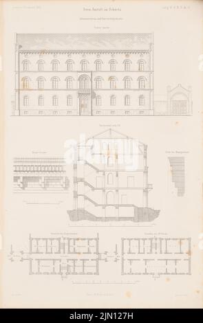 Römer Eduard (1814-1895), Irrenanstalt, Schwetz. (De : Atlas au magazine for Building, éd. V. G. Erbkam, JG. 4, 1854.) (1854-1854): Grundriss EG, 2nd étage, vue de l'avant, coupe transversale, détails du bâtiment administratif. Point sur papier, 43,2 x 28,4 cm (y compris les bords de numérisation) Römer Eduard (1814-1895): Irrenanstalt, Schwetz. (AUS: Atlas zur Zeitschrift für Bauwesen, hrsg. V. G. Erbkam, JG. 4, 1854) Banque D'Images