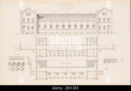 Römer Eduard (1814-1895), Irrenanstalt, Schwetz. (De : Atlas au magazine for Building, éd. V. G. Erbkam, JG. 4, 1854.) (1854-1854): Plan d'étage Keller, EG, vue, détails bâtiment pour ripidmen. Point sur papier, 28,1 x 43 cm (y compris les bords de numérisation) Römer Eduard (1814-1895): Irrenanstalt, Schwetz. (AUS: Atlas zur Zeitschrift für Bauwesen, hrsg. V. G. Erbkam, JG. 4, 1854) Banque D'Images