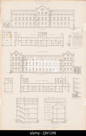 Römer Eduard (1814-1895), Irrenanstalt, Schwetz. (De : Atlas au magazine for Building, éd. V. G. Erbkam, JG. 4, 1854.) (1854-1854): Grundrisse, vue, détail, détail, plan d'étage, voir, cut care center. Point sur papier, 43,4 x 28,7 cm (y compris les bords de numérisation) Römer Eduard (1814-1895): Irrenanstalt, Schwetz. (AUS: Atlas zur Zeitschrift für Bauwesen, hrsg. V. G. Erbkam, JG. 4, 1854) Banque D'Images