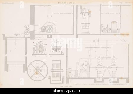 Römer Eduard (1814-1895), Irrenanstalt, Schwetz. (De : Atlas au magazine for Building, éd. V. G. Erbkam, JG. 4, 1854.) (1854-1854): Sections longitudinales, détails buanderie et machine à vapeur. Point sur papier, 28,3 x 42,7 cm (y compris les bords de numérisation) Römer Eduard (1814-1895): Irrenanstalt, Schwetz. (AUS: Atlas zur Zeitschrift für Bauwesen, hrsg. V. G. Erbkam, JG. 4, 1854) Banque D'Images