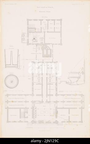 Römer Eduard (1814-1895), Irrenanstalt, Schwetz. (De : Atlas au magazine for Building, éd. V. G. Erbkam, JG. 4, 1854.) (1854-1854): plan d'étage, détails de l'édifice agricole. Point sur papier, 43,1 x 28 cm (y compris les bords de numérisation) Römer Eduard (1814-1895): Irrenanstalt, Schwetz. (AUS: Atlas zur Zeitschrift für Bauwesen, hrsg. V. G. Erbkam, JG. 4, 1854) Banque D'Images