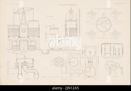 D'Unruh, Gasanstalt, Magdebourg. (De : Atlas au magazine for Building, éd. V. G. Erbkam, JG. 4, 1854.) (1854-1854) : couper la pompe à gaz, détails. Couture sur papier, 28 x 42,8 cm (y compris les bords de numérisation) von Unruh : Gasanstalt, Magdebourg. (AUS: Atlas zur Zeitschrift für Bauwesen, hrsg. V. G. Erbkam, JG. 4, 1854) Banque D'Images