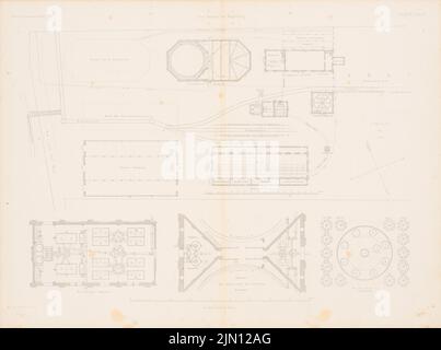 D'Unruh, Gasanstalt, Magdebourg. (De : Atlas au magazine for Building, éd. V. G. Erbkam, JG. 4, 1854.) (1854-1854): plan d'étage, coupe l'appareil de nettoyage, gasomètre, détail. Couture sur papier, 42,8 x 57,4 cm (y compris les bords de numérisation) von Unruh : Gasanstalt, Magdebourg. (AUS: Atlas zur Zeitschrift für Bauwesen, hrsg. V. G. Erbkam, JG. 4, 1854) Banque D'Images