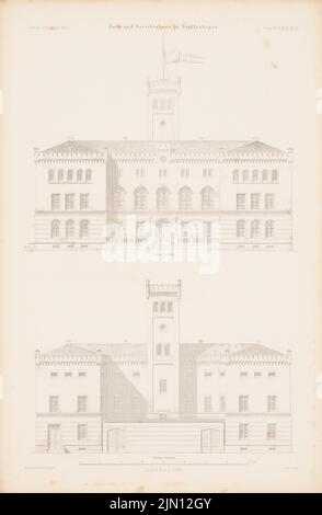 Herrmann Heinrich Ludwig Alexander (1821-1889), mairie et palais de justice, Greifenhagen. (De : Atlas au magazine for Building, éd. V. G. Erbkam, JG. 6, 1856.) (1856-1856) : vue de l'avant, vue de l'arrière. Couture sur papier, 45,3 x 29,6 cm (y compris les bords de balayage) Herrmann Heinrich Ludwig Alexander (1821-1889): Rathaus und Gerichtshaus, Greifenhagen. (AUS: Atlas zur Zeitschrift für Bauwesen, hrsg. V. G. Erbkam, JG. 6, 1856) Banque D'Images