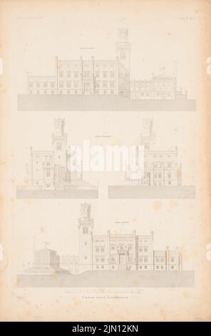 Runge Gotthilf Ludwig (Louis), conversion d'une maison de campagne. (De : Atlas au magazine for Building, éd. V. G. Erbkam, JG. 7, 1857.) (1857-1857): Vue de l'avant, vue latérale, vue du côté jardin. Couture sur papier, 45 x 29,6 cm (y compris les bords de balayage) Runge Gotthilf Ludwig (Louis) : Umbau Eines Landhauss. (AUS: Atlas zur Zeitschrift für Bauwesen, hrsg. V. G. Erbkam, JG. 7, 1857) Banque D'Images