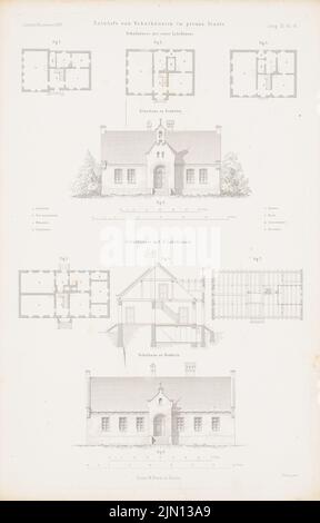 N.N., maisons d'école en Prusse. (De : Atlas au magazine for Building, éd. V. G. Erbkam, JG. 9, 1859.) (1859-1859): Grundrisse, SCHULHAUS vue avec 1 classes, plan d'étage, vue, école transversale avec 2 classes. Coudre sur du papier, 45,3 x 29 cm (y compris les bords de numérisation) N. : Schulhäuser à Preußen. (AUS: Atlas zur Zeitschrift für Bauwesen, hrsg. V. G. Erbkam, JG. 9, 1859) Banque D'Images