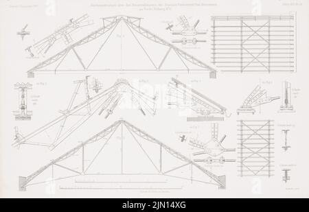 Swedler Johann Wilhelm (1823-1894), Imperial-Continental-Gas Association, Berlin. (De : Atlas to the magazine for Building, éd. V. G. Erbkam, né le 19, 1869.) (1869-1869): Détails structure de toit Retortehäuser. Couture sur papier, 27,9 x 43,4 cm (y compris les bords de balayage) Schwedler Johann Wilhelm (1823-1894): Imperial-Continental-Gas-Association, Berlin. (AUS: Atlas zur Zeitschrift für Bauwesen, hrsg. V. G. Erbkam, JG. 19, 1869) Banque D'Images