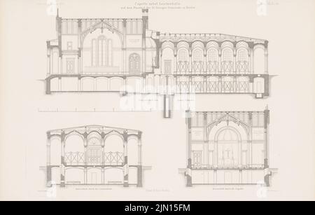 Erdmann Gustav, Chapelle et Leichenhalle dans le cimetière de la St.Georgemeinde, Berlin. (De : Atlas au magazine for Building, éd. V. G. Erbkam, JG. 20, 1870.) (1870-1870) : section longitudinale des deux bâtiments, section transversale de la salle de cadavres, section transversale de la chapelle. Couture sur papier, 28 x 44 cm (y compris les bords de balayage) Erdmann Gustav : Kapelle und Leichenhalle auf dem Friedhof der St.Georgengemeinde, Berlin. (AUS: Atlas zur Zeitschrift für Bauwesen, hrsg. V. G. Erbkam, JG. 20, 1870) Banque D'Images