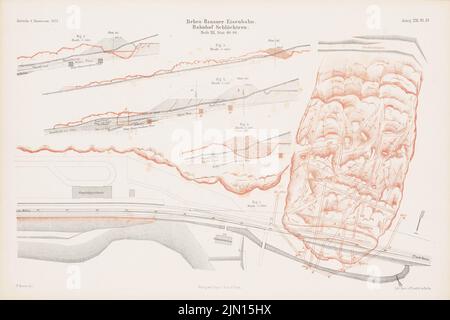 Maurer F., chemin de fer Bebra-Hanau. (De : Atlas au magazine for Building, éd. V. G. Erbkam, JG. 21, 1871.) (1871-1871): Plan de section, station de coupe Schlicht. Lithographie colorée sur papier, 29,3 x 44 cm (y compris les bords de balayage) Maurer F. : Bebra-Hanauer Eisenbahn. (AUS: Atlas zur Zeitschrift für Bauwesen, hrsg. V. G. Erbkam, JG. 21, 1871) Banque D'Images