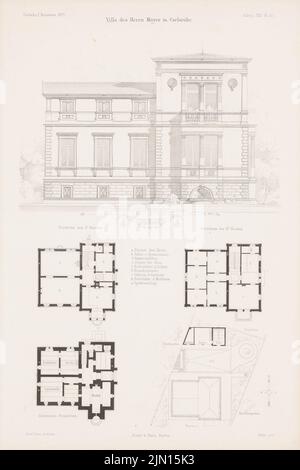 Durm Joseph (1837-1919), Villa de M. Mayer, Karlsruhe. (De : Atlas au magazine for Building, éd. V. G. Erbkam, JG. 21, 1871.) (1871-1871): Plan du site, plan d'étage Keller, 1st étages, 2nd, vue du sud. Point sur papier, 44 x 29,3 cm (y compris les bords de numérisation) Durm Joseph (1837-1919): Villa des Herrn Mayer, Karlsruhe. (AUS: Atlas zur Zeitschrift für Bauwesen, hrsg. V. G. Erbkam, JG. 21, 1871) Banque D'Images