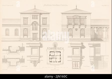 Durm Joseph (1837-1919), Städtische Vierordtbad, Karlsruhe. (De : Atlas au magazine for Building, éd. V. G. Erbkam, JG. 24, 1874.) (1874-1874): Plan d'étage appartement de maître-nageur, vue, détails. Point sur papier, 28,7 x 43,1 cm (y compris les bords de numérisation) Durm Joseph (1837-1919): Städtische Vierordtbad, Karlsruhe. (AUS: Atlas zur Zeitschrift für Bauwesen, hrsg. V. G. Erbkam, JG. 24, 1874) Banque D'Images