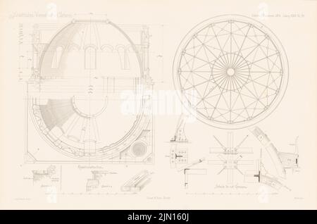 Durm Joseph (1837-1919), Städtische Vierordtbad, Karlsruhe. (De : Atlas au magazine for Building, éd. V. G. Erbkam, JG. 24, 1874.) (1874-1874) : vue, coupes, détails dôme. Point sur papier, 28,6 x 43,2 cm (y compris les bords de numérisation) Durm Joseph (1837-1919): Städtische Vierordtbad, Karlsruhe. (AUS: Atlas zur Zeitschrift für Bauwesen, hrsg. V. G. Erbkam, JG. 24, 1874) Banque D'Images