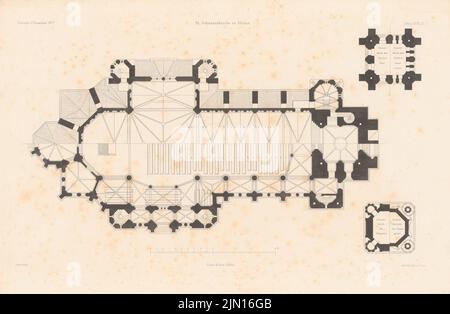 Otzen Johannes (1839-1911), St. Johanniskirche, Hambourg-Altona. (De : Atlas au magazine for Building, éd. V.F. Endell, JG. 27, 1877.) (1877-1877): plan d'étage, coupe le clocher. Pression sur le papier, 29,7 x 45,5 cm (y compris les bords de balayage) Otzen Johannes (1839-1911): St. Johanniskirche, Hambourg-Altona. (AUS: Atlas zur Zeitschrift für Bauwesen, hrsg. V. F. Endell, JG. 27, 1877) Banque D'Images