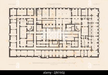 Hude & Hennicke, Hotel Kaiserhof Berlin. (De : Atlas au magazine for Building, éd. V.F. Endell, JG. 27, 1877.) (1877-1877): Grundliss Keller. Pression sur le papier, 29,3 x 45,1 cm (y compris les bords de numérisation) Hude & Hennicke : Hotel Kaiserhof, Berlin. (AUS: Atlas zur Zeitschrift für Bauwesen, hrsg. V. F. Endell, JG. 27, 1877) Banque D'Images