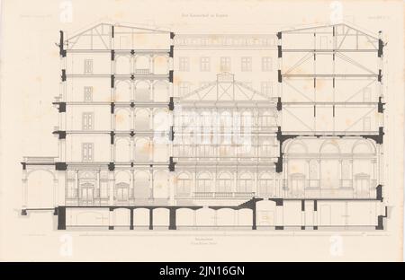 Hude & Hennicke, Hotel Kaiserhof Berlin. (De : Atlas au magazine for Building, éd. V.F. Endell, JG. 27, 1877.) (1877-1877) : section transversale. Pression sur le papier, 29,9 x 46 cm (y compris les bords de numérisation) Hude & Hennicke : Hotel Kaiserhof, Berlin. (AUS: Atlas zur Zeitschrift für Bauwesen, hrsg. V. F. Endell, JG. 27, 1877) Banque D'Images