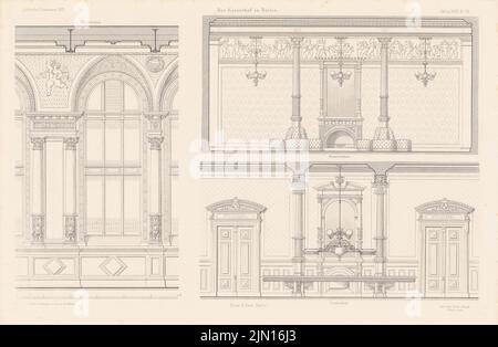 Hude & Hennicke, Hotel Kaiserhof Berlin. (De : Atlas au magazine for Building, éd. V.F. Endell, JG. 27, 1877.) (1877-1877): Vues intérieures salle de lecture, Damensaal, Spisesaal. Pression sur le papier, 29,9 x 45,7 cm (y compris les bords de numérisation) Hude & Hennicke : Hotel Kaiserhof, Berlin. (AUS: Atlas zur Zeitschrift für Bauwesen, hrsg. V. F. Endell, JG. 27, 1877) Banque D'Images