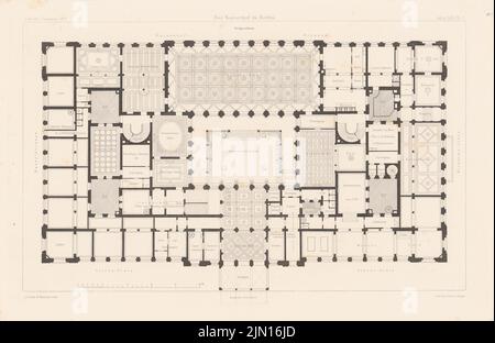 Hude & Hennicke, Hotel Kaiserhof Berlin. (De : Atlas au magazine for Building, éd. V.F. Endell, JG. 27, 1877.) (1877-1877): Grundriss EG. Impression sur papier, 29,6 x 45,6 cm (y compris les bords de numérisation) Hude & Hennicke : Hotel Kaiserhof, Berlin. (AUS: Atlas zur Zeitschrift für Bauwesen, hrsg. V. F. Endell, JG. 27, 1877) Banque D'Images