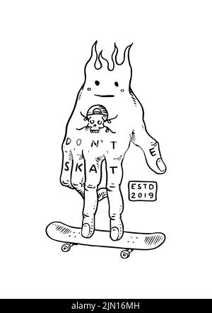 Fingerboard. Caractère de main brûlante. Étiquette de planche à roulettes pour la typographie. Feu d'époque. Concept de conduite rétro sur les planches. Modèle pour t-shirt et logo Illustration de Vecteur