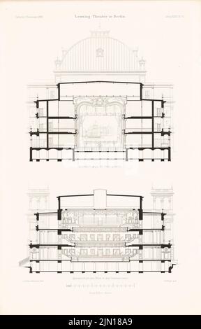 Hude & Hennicke, Lessing-Theatre, Berlin. (De : Atlas à la revue for Building, éd. V. Ministry of public Work, JG. 39, 1889) (1889-1889): coupe transversale à travers la scène, coupe transversale à travers l'auditorium. Couture sur papier, 46,1 x 29,5 cm (y compris les bords de numérisation) Hude & Hennicke : Lessing-Theatre, Berlin. (AUS: Atlas zur Zeitschrift für Bauwesen, hrsg. V. Ministerium der öffentlichen Arbeiten, JG. 39, 1889) Banque D'Images