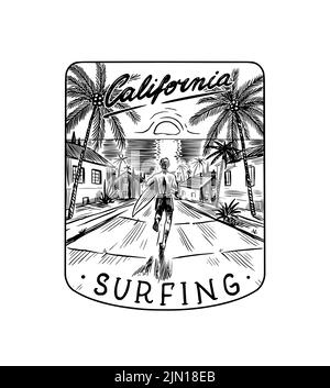 Paysage tropical marin avec planches de surf sur fond de coucher de soleil et palmiers. Badge surf. Wave rétro. Logo vintage. Été Californie Illustration de Vecteur