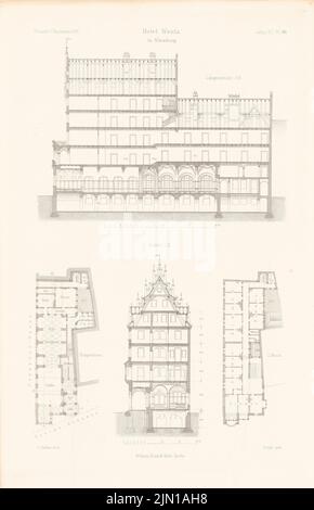 Walther Conradin (1846-1910), Hotel Wentz, Nuremberg. (De: Atlas au magazine for Building, éd. V. Ministry of public Work, né le 41, 1891) (1891-1891): Grundriss EG, 1st Floor, longitudinal section, Cut CD. Couture sur papier, 46,2 x 29,8 cm (y compris les bords de numérisation) Walther Conradin (1846-1910): Hotel Wentz, Nürnberg. (AUS: Atlas zur Zeitschrift für Bauwesen, hrsg. V. Ministerium der öffentlichen Arbeiten, JG. 41, 1891) Banque D'Images