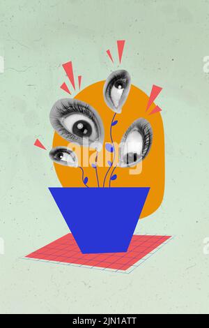 Bannière publicité collage de plante de maison inhabituelle avec globe oculaire humain croissant à partir de pot isolé dessiner le fond Banque D'Images