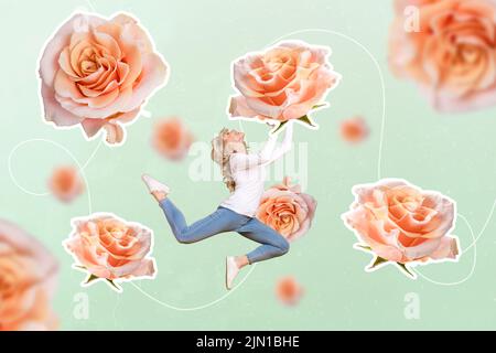 Image de collage des bras excités de fille gaie tenir la grande rose isolée sur fond de fleurs créatives Banque D'Images