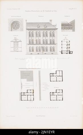 Raschdorff Julius (1823-1914), école paroissiale de Saint-Cunibert, Cologne. (De : Atlas au magazine for Building, éd. V. G. Erbkam, JG. 14, 1864.) (1864-1864): Grundriss EG, 1st étage, 2nd étage, vue de l'ouest, vue du sud, coupe transversale , Détails. Couture sur papier, 45,4 x 29,4 cm (y compris les bords de balayage) Raschdorff Julius (1823-1914): Knaben-Pfarrschule zu St. Cunibert, Köln. (AUS: Atlas zur Zeitschrift für Bauwesen, hrsg. V. G. Erbkam, JG. 14, 1864) Banque D'Images