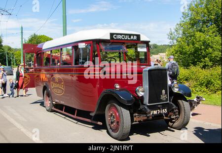 1933 rouge bordeaux vintage Crossville 716 Motor services single decker Leyland Cub bus à Beamish County Durham Banque D'Images