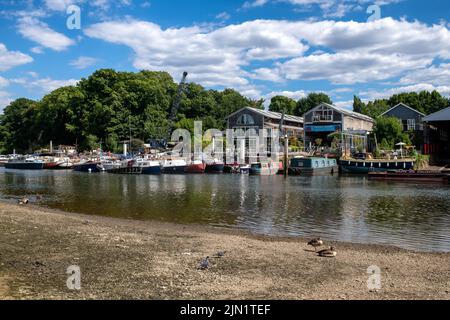 Bateaux amarrés par les chantiers de l'île d'Eel Pie, Twickenham, sur la Tamise à marée basse pendant la vague de chaleur du 2022 juillet. Banque D'Images