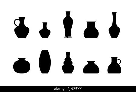 Grand ensemble vase. Vases en poterie décoration intérieure à fleurs. Collection d'icônes vectorielles. Silhouettes noires. Illustration de Vecteur