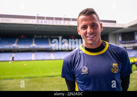 Anthony Moris, gardien de but de l'Union, pose pour le photographe lors d'une séance d'entraînement de l'équipe belge de football Royale Union Saint-Gilloise, le lundi 08 août 2022 à Glasgow, avant le troisième jeu de qualification du championnat de la Ligue des Champions que l'Union jouera demain contre le FC Rangers. BELGA PHOTO LAURIE DIEFFEMBACQ Banque D'Images