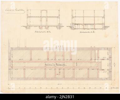 Gustav ail (1833-1916), bâtiment de séminaire, Osnabrück: Fondations de plan d'étage, 2 coupes. Tuche aquarelle sur transparent, 35,2 x 45 cm (y compris les bords du balayage) Banque D'Images