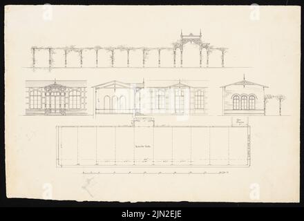 Hollin & Knoblauch, brasserie de Bohême pour M. Assessor Knoblauch, Berlin-Friedrichshain: Plan d'étage, vue, 3 vues de côté, couper le hall couvert de la brasserie. Encre sur papier, 35,8 x 52,5 cm (y compris les bords de numérisation) Banque D'Images