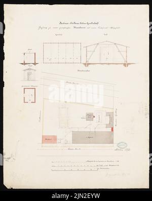 Knoblauch & Wex, Berlin Dairy Aktien-Gesellschaft, Berlin-Kreuzberg. Häuscheune et Wagenhaus: Plan du site, douche de foin: Plan d'étage, section 1: 200, wagon: Plan d'étage, vue, section 1: 100. Aquarelle crayon et encre sur papier, 58,1 x 46,2 cm (y compris les bords de numérisation) Banque D'Images