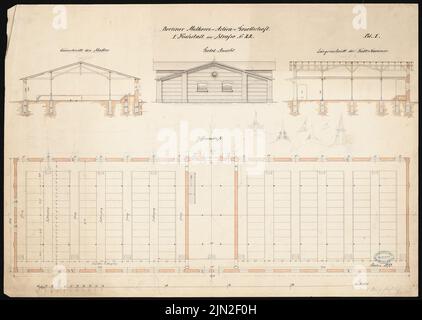 Knoblauch & Wex, Berlin Dairy Aktien-Gesellschaft, Berlin-Kreuzberg. Cowsstall : plan de sol, vue du côté pignon, coupe transversale à travers la coupe longitudinale stable à travers la chambre d'alimentation. Aquarelle crayon et encre sur papier, 47,8 x 67,3 cm (y compris les bords de numérisation) Banque D'Images