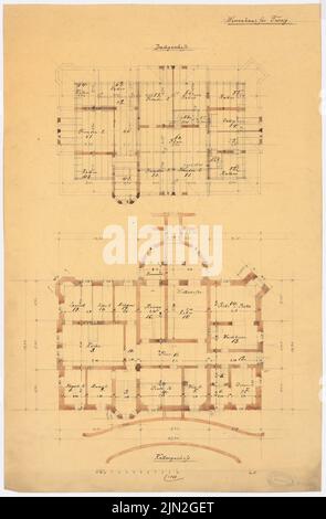 Gustav ail (1833-1916), manoir, Rummelsburg-Turzig: Plan d'étage KG et DG 1: 100. Crayon, aquarelle d'encre sur transparent, 68 x 44,6 cm (y compris les bords de numérisation) Banque D'Images