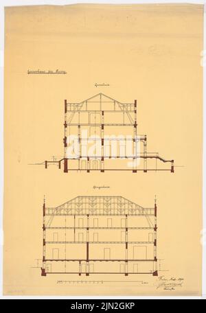 Gustav ail (1833-1916), manoir, Rummelsburg-Turzig : coupe transversale, coupe longitudinale. Tuche aquarelle sur transparent, 74,3 x 51 cm (y compris les bords du balayage) Banque D'Images