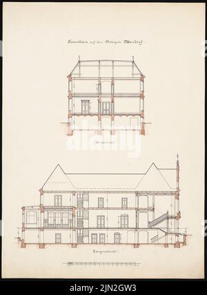 Gustav ail (1833-1916), manoir pour le domaine droit, Neudorf/Spree: Coupe transversale et section longitudinale. Tuche aquarelle sur papier, 62,2 x 45,8 cm (y compris les bords de numérisation) Banque D'Images