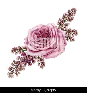 Rose aquarelle avec lilas pour l'anniversaire, Saint Valentin, douche de bébé, fête de genre, fête des mères, cartes de vœux, cartes postales, invitations, menus Banque D'Images