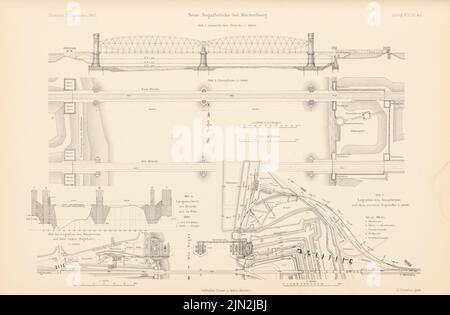 Johann Wilhelm (1823-1894), Neue Nogatbrücke, Marienburg. (De : Atlas à la revue for Building, éd. V. Ministry of public Work, JG. 45, 1895): Plans 1: 3000, vue, plan d'étage 1: 1000. Couture sur papier, 28,1 x 42,9 cm (y compris les bords de numérisation) Banque D'Images