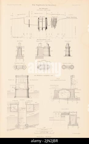 Johann Wilhelm (1823-1894), Neue Nogatbrücke, Marienburg. (De : Atlas à la revue for Building, éd. V. Ministry of public Work, JG. 45, 1895): Höhenplan, pilier électricité, pilier terrain: Vues, plans d'étage, coupures 1: 450. Couture sur papier, 43,3 x 28 cm (y compris les bords de numérisation) Banque D'Images