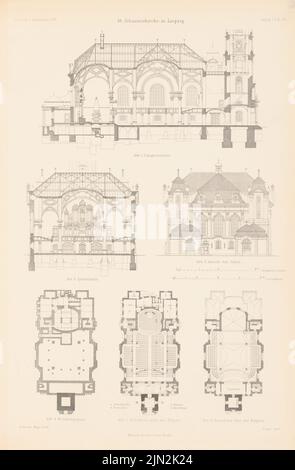 Licht Hugo (1841-1923), Johanniskirche, Leipzig. (De : Atlas à la revue for Building, éd. V. Ministry of public Work, JG. 51, 1901): Vue de l'est, coupes, plans de plancher. Couture sur papier, 44,6 x 29,2 cm (y compris les bords de numérisation) Banque D'Images