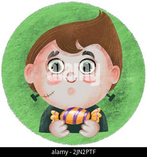 Portrait d'un joli petit garçon dans un costume de monstre regardant dans l'illustration de l'appareil photo. Illustration de dessin animé sur fond rond. Pour des Banque D'Images