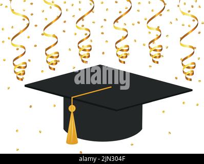 cap et diplôme d'études supérieures avec des confettis d'or tombant sur fond eps 10 Illustration de Vecteur