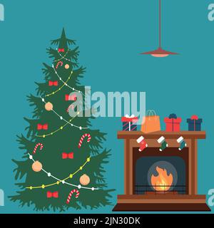 Nouvel an ou Noël. Maison ou appartement décoré avec un arbre de Noël.illustration vectorielle. Illustration de Vecteur