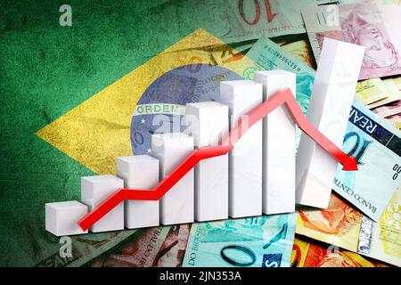 Graphique de l'économie : flèche vers le bas, bons de trésorerie du Reais brésilien et drapeau du Brésil Banque D'Images