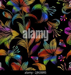 Motif sans couture fleurs multicolores lys sur fond noir illustration vectorielle. Fond ornemental dessiné à la main. Illustration de Vecteur