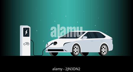 Chargeur de voiture électrique. Parking de charge de véhicule électrique intelligent avec câble de prise. Charge de transport électrique moderne électrifiée. Recharge d'énergie pour le transport écologique. Illustration du vecteur eps Illustration de Vecteur