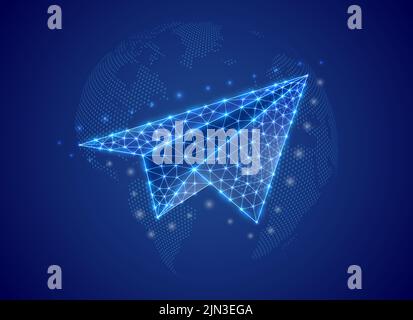 Papier avion 3D bas symbole poly avec fond bleu de la carte du monde. Illustration du concept de voyage. Symbole polygonal aviation avec points connectés Illustration de Vecteur